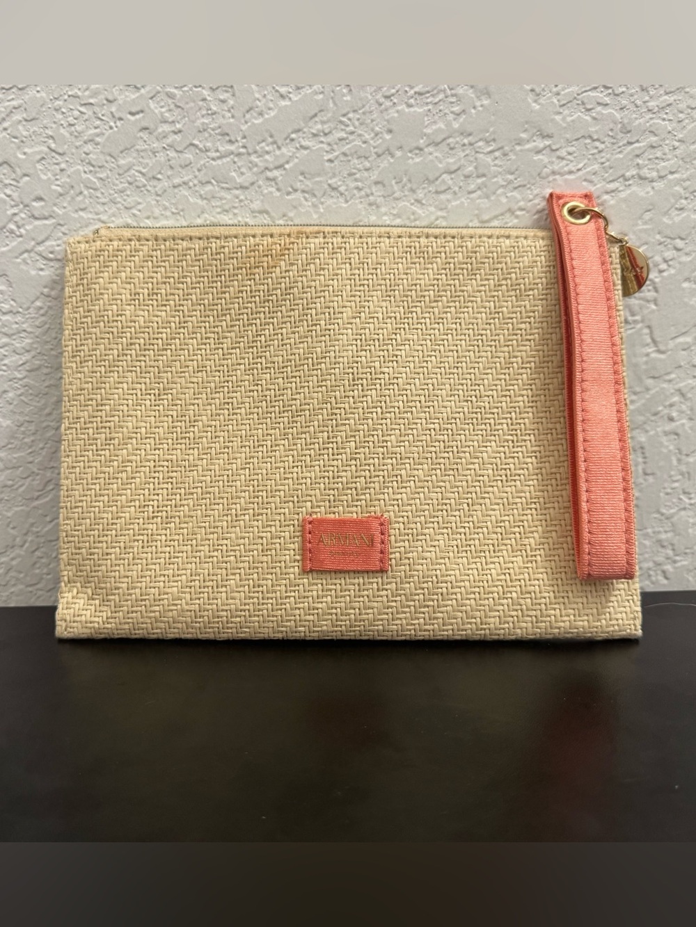 Giorgio Armani Beige Woven Wristlet with Coral Accents